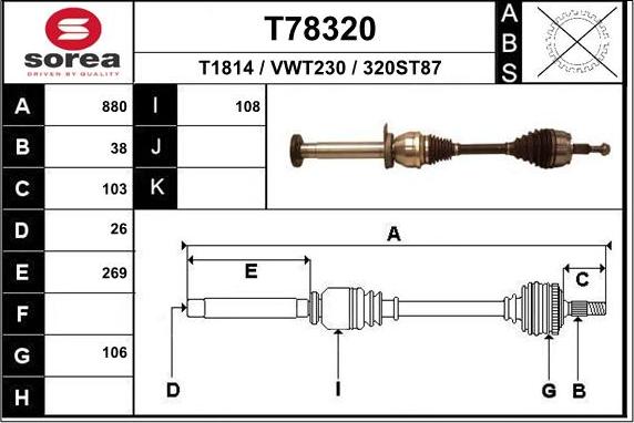 EAI T78320 - привод передний правый! 880mm\ VW T5 2.5TDI 03-09 autosila-amz.com