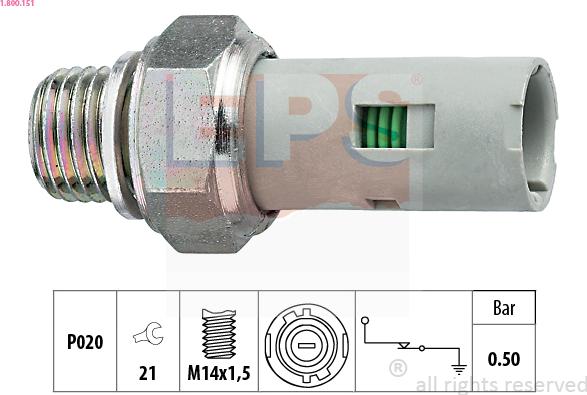 EPS 1.800.151 - Датчик лампы давления масла (0,5 бара), разъем круглой формы clioii, symbol, kangoo 8клап. двиг. 1, autosila-amz.com
