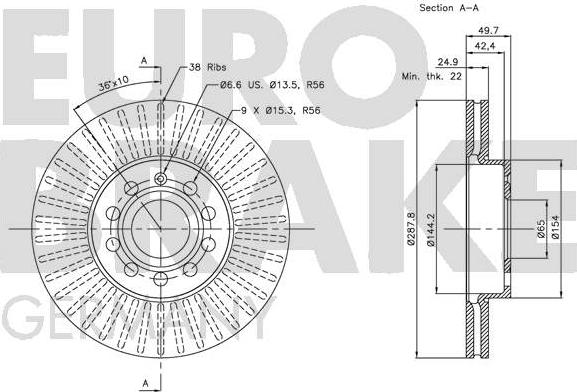 Eurobrake 5815204788 - (Производитель: EUROBRAKE) Диск тормозной передн. вент. (288x25) 5 отв. autosila-amz.com