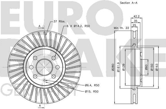 Eurobrake 5815203652 - Диск тормозной передн. вент. (280x25) 4 отв. autosila-amz.com