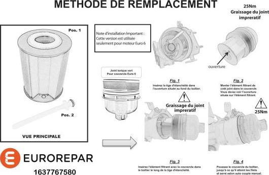 EUROREPAR 1637767580 - !ЗАМЕНА=1680233580 Фильтр масляный PSA 1.4D-2.0D 01- autosila-amz.com