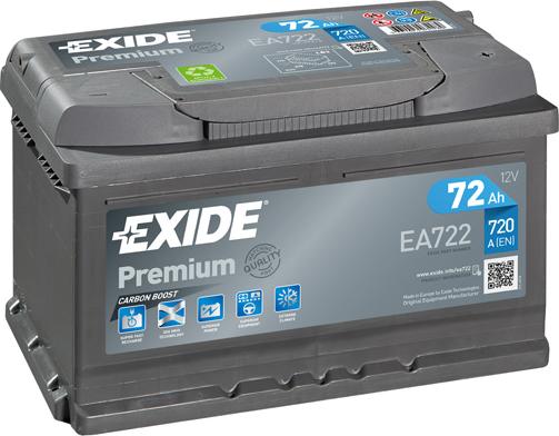Exide EA722 - Аккумулятор Premium 12V 72Ah 720A 278х175х175 полярность ETN0 клемы EN крепление B13 autosila-amz.com