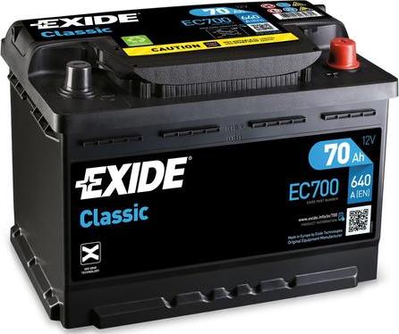 Exide EC700 - Аккумулятор EXIDE 12В 70Ач/640A (EN) CLASSIC (P+ (en) en) 278x175x190 B13 (пуск) autosila-amz.com