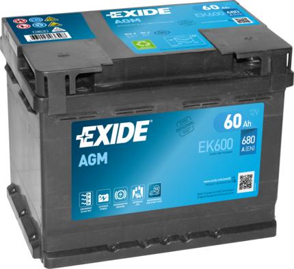 Exide EK600 - Аккумулятор Start&Stop AGM 12V 60Ah 680A 242х175х190 полярность ETN0 клемы EN кр autosila-amz.com