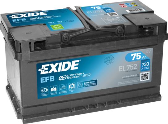 Exide EL752 - Аккумулятор Start&Stop EFB 12V 75Ah 730A 315х175х175 полярность ETN0 клемы EN крепление B13 autosila-amz.com