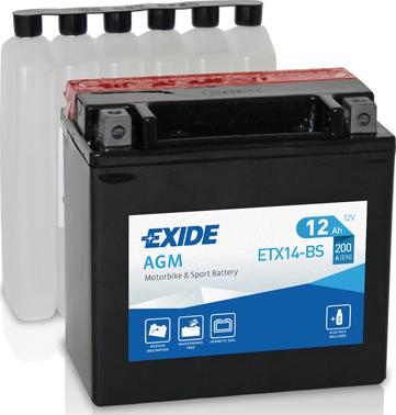 Exide ETX14-BS - Автозапчасть/Аккумулятор для мототехники EXIDE AGM 12 V 12 AH 200 A ETN 1 B0 150x90x145mm 4.5kg autosila-amz.com