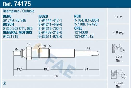 FAE 74175 - Свеча накаливания autosila-amz.com