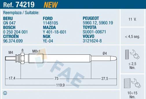 FAE 74219 - Свеча накаливания autosila-amz.com