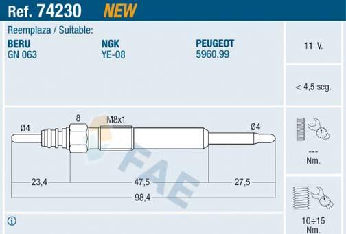 FAE 74230 - Свеча накаливания autosila-amz.com