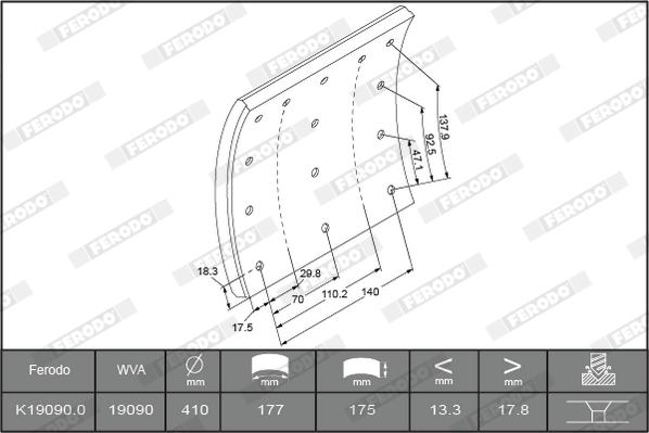 Ferodo K19090.2-F3526 - Комплект тормозных башмаков, барабанные тормоза autosila-amz.com