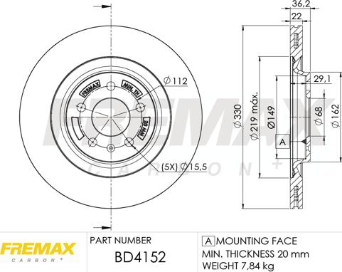 FREMAX BD-4152 - Диск тормозной задний Audi-A6 A5, A5 Sportback, A6, A6 Avant, A7 Sportback, A8, Q5, autosila-amz.com