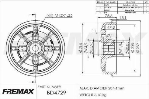 FREMAX BD-4729-KT - Тормозной барабан autosila-amz.com