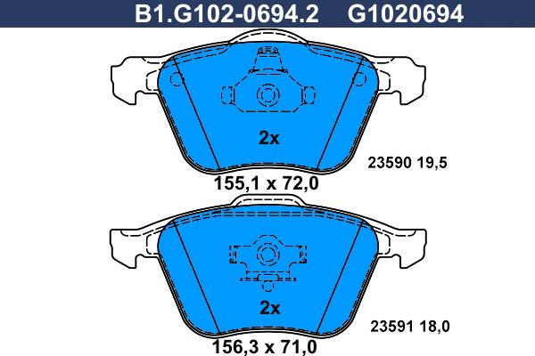 Galfer B1.G102-0694.2 - Тормозные колодки, дисковые, комплект autosila-amz.com