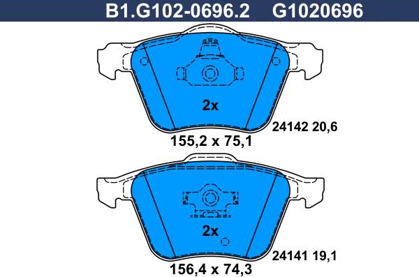 Galfer B1.G102-0696.2 - Тормозные колодки, дисковые, комплект autosila-amz.com