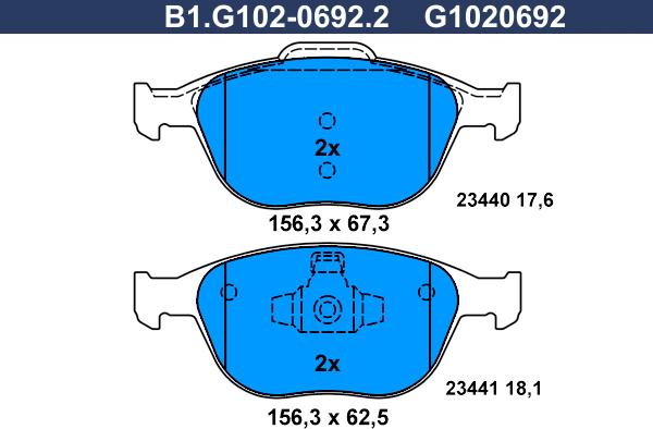 Galfer B1.G102-0692.2 - Тормозные колодки, дисковые, комплект autosila-amz.com