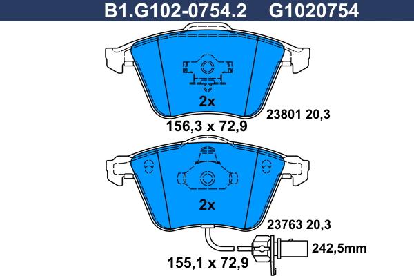 Galfer B1.G102-0754.2 - Тормозные колодки, дисковые, комплект autosila-amz.com