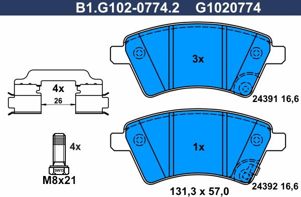 Galfer B1.G102-0774.2 - Тормозные колодки, дисковые, комплект autosila-amz.com