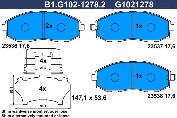 Galfer B1.G102-1278.2 - Тормозные колодки, дисковые, комплект autosila-amz.com