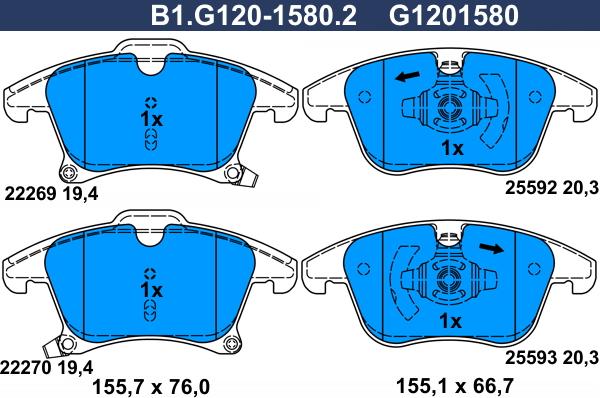 Galfer B1.G120-1580.2 - Тормозные колодки, дисковые, комплект autosila-amz.com