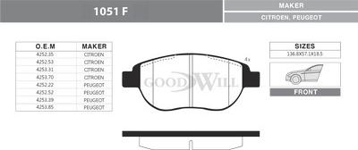 GoodWill 1051 F - Тормозные колодки, дисковые, комплект autosila-amz.com