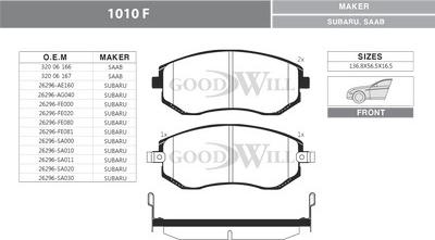 GoodWill 1010 F - Тормозные колодки, дисковые, комплект autosila-amz.com