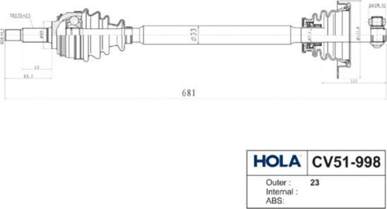 Hola CV51-998 - Привод в сборе 23 шл., левый LADA Largus (JH3), RENAULT Logan (1.6 16V, MT), Sa HOLA CV51-998 autosila-amz.com