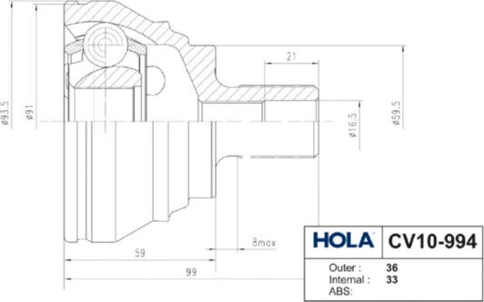 Hola CV10-994 - Шарнирный комплект, ШРУС, приводной вал autosila-amz.com