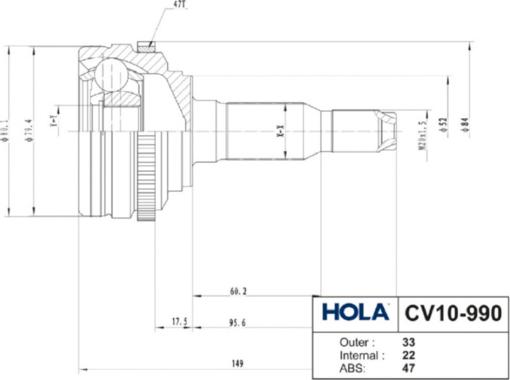 Hola CV10-990 - ШРУС наружный 33/22 шл., левый/правый CHEVROLET Lacetti, Nubira HOLA CV10-990 autosila-amz.com