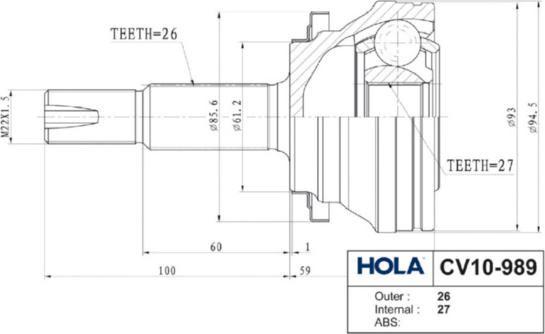 Hola CV10-989 - ШРУС наружный (26/27 шл., левый/правый) TOYOTA Rav 4 IV 2.0 2WD/4WD, Rav 4 III 2.0 2WD MT autosila-amz.com