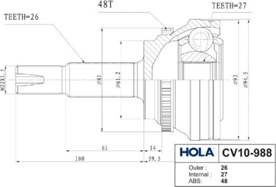 Hola CV10-988 - Шарнирный комплект, ШРУС, приводной вал autosila-amz.com