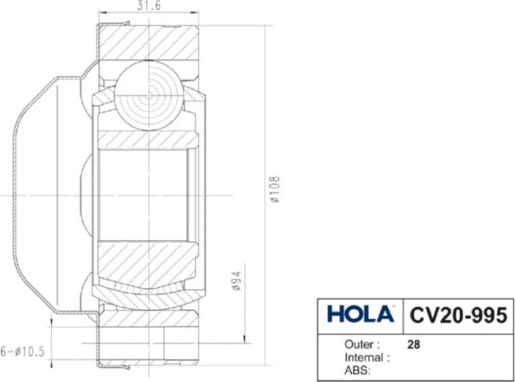 Hola CV20-995 - Шарнирный комплект, ШРУС, приводной вал autosila-amz.com