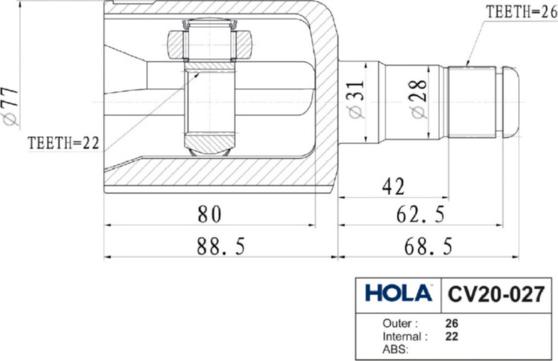 Hola CV20-027 - Шарнирный комплект, ШРУС, приводной вал autosila-amz.com
