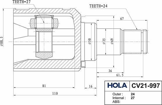 Hola CV21-997 - Шарнирный комплект, ШРУС, приводной вал autosila-amz.com