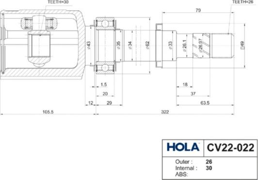 Hola CV22-022 - Шарнирный комплект, ШРУС, приводной вал autosila-amz.com
