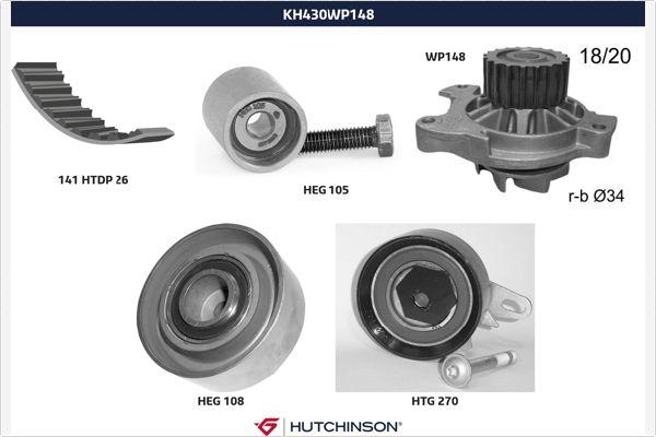 Hutchinson KH 430WP148 - Водяной насос + комплект зубчатого ремня ГРМ autosila-amz.com