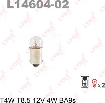 LYNXauto L14604-02 - Автозапчасть/Лампа накаливания в блистере 2шт. T4W T8.5 12V 4W BA9S autosila-amz.com