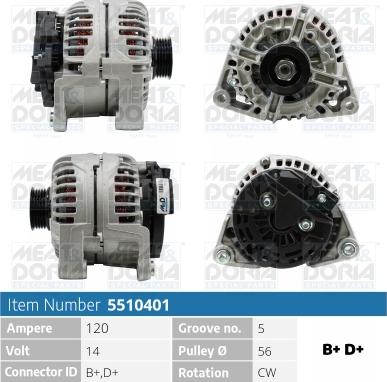 Meat & Doria 5510401 - Генератор 14V 120A Opel Corsa C (X01), Meriva A (X03) autosila-amz.com