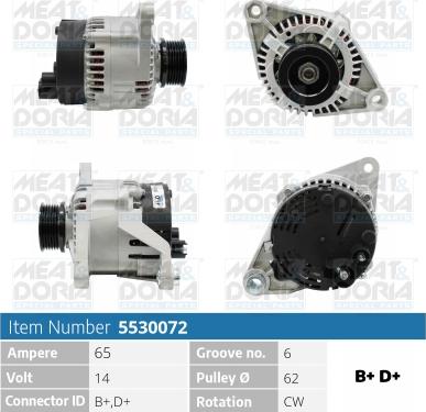 Meat & Doria 5530072 - Генератор 14V 65A Fiat Punto (176), Citroen Jumpy (U6U) autosila-amz.com