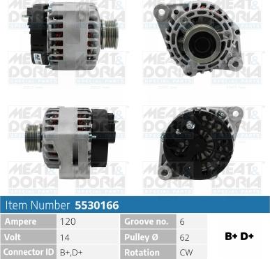 Meat & Doria 5530166 - Генератор 14V 120A Fiat G. Punto (199), Opel Vectra (Z02) 1.3/1.9 D autosila-amz.com