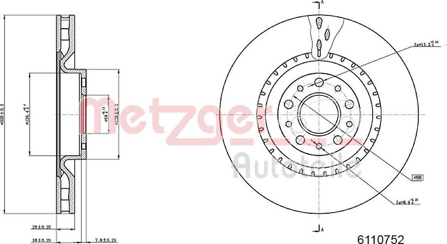 Metzger 6110752 - Тормозной диск ! \FIAT, OPEL 500L 1.4 12>, 500L 1.4 13>, 500L 1.4 LPG 14>, COMBO 1.3 CDTI 12> autosila-amz.com