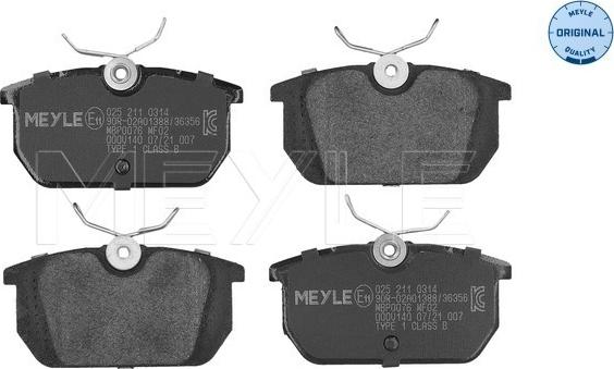 Meyle 025 211 0314 - Тормозные колодки, дисковые, комплект autosila-amz.com