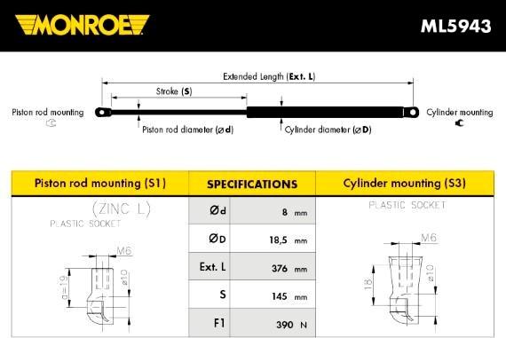 Monroe ML5943 - Газовая пружина, упор autosila-amz.com