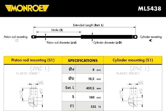 Monroe ML5438 - Амортизатор капота MERCEDES E200/E220/E230/E240/E250/E270/E280/E290 autosila-amz.com