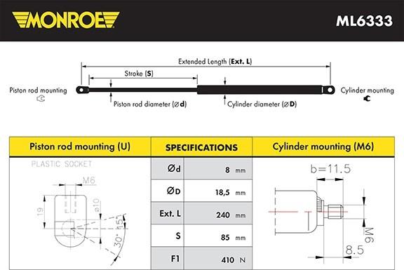 Monroe ML6333 - Газовая пружина, капот autosila-amz.com