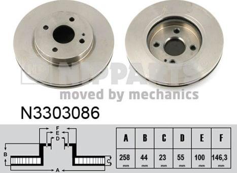 Nipparts N3303086 - N3303086 ДИСК ТОРМОЗНОЙ MAZDA 2 07- ПЕРЕДНИЙ ВЕНТ.D=258ММ. D=55MM autosila-amz.com