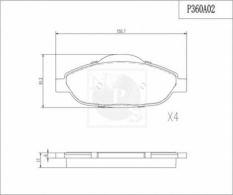 NPS P360A02 - Тормозные колодки, дисковые, комплект autosila-amz.com