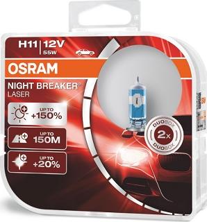 Osram 64211NL-HCB - Автолампа H11 (55) PGJ19-2+150% NIGHT BREAKER LASER 3750K (евробокс, 2шт) 12V OSRAM /1/10 autosila-amz.com