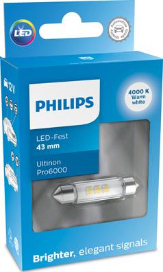 PHILIPS 11866WU60X1 - Лампа светодиодная 12V T11 салон. 43мм, 4000K. 100Lm. Ultinon Pro6000 SI 1шт (PHILIPS) autosila-amz.com