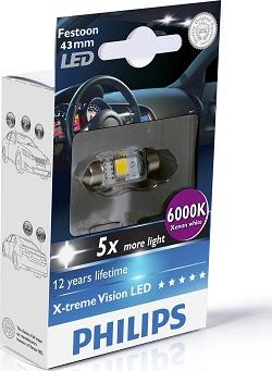 PHILIPS 129466000KX1 - Лампа светодиодная 12946 6000KX1 Fest T10,5x43 12V- 1W (SV8,5-8) X-tremeVision LED 6000K (к.уп.1шт.) autosila-amz.com
