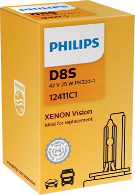 PHILIPS 12411C1 - Лампочка Vision ксенон D8S (1 шт., 42 В, 25 Вт, тип гнезда: PK32D-1) PHILLIPS autosila-amz.com